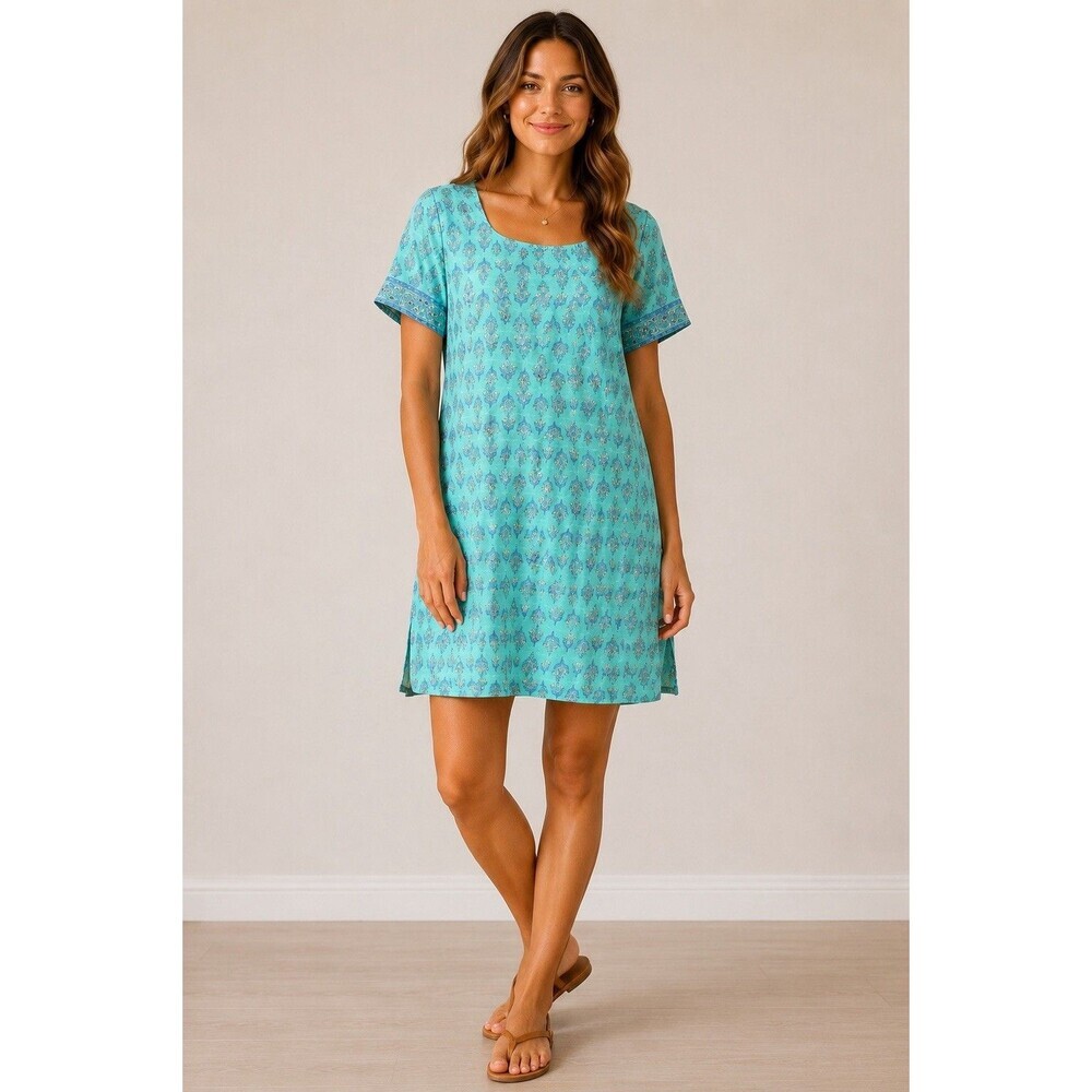 Embellished Aqua Tunic Dress Beaded Sequin Print Side Slit Beach Cover Up L/XL